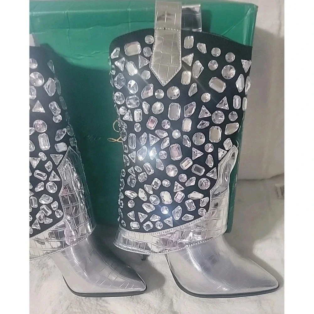 Lauren Lorraine Hana Sparkly Silver Rhinestone Cowboy Boots Women Western Size 9 - Picture 3 of 5
